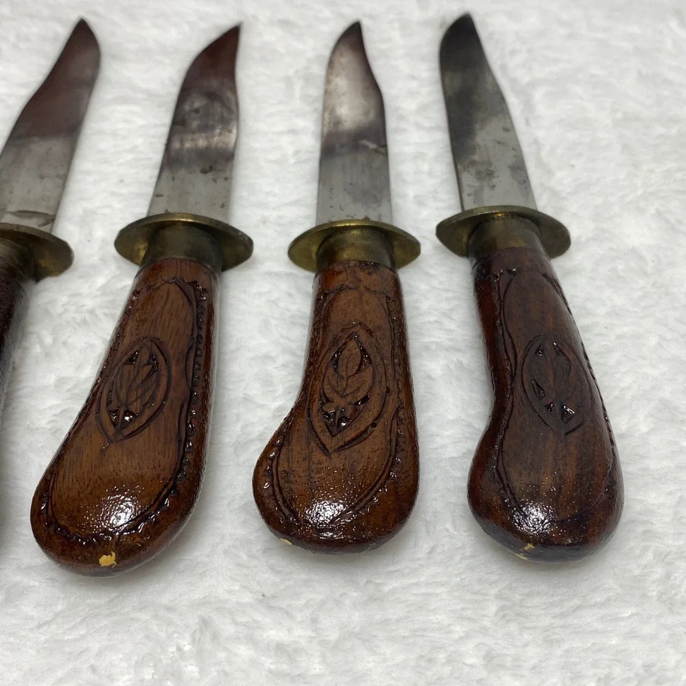 Vintage Carved Wood Steak‎ Knives Set with Box, Antique Serving Knives, Set of 6
